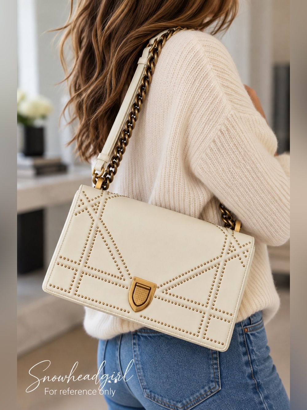 Christian Dior Diorama Ivory Studded Leather Chain Shoulder Bag - Entrupy COA